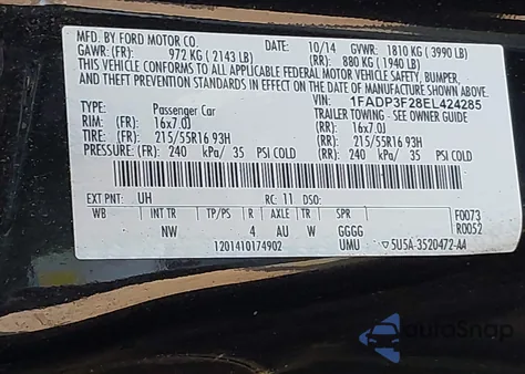 2014 Ford Focus Se z USA, uszkodzony, nr VIN 1FADP3F28EL424285